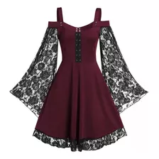 Vestido Retrô Gótico Feminino Y Plus Size, Malha, Renda