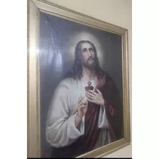 Pintura Sobre Tela Al Óleo Sagrado Corazón Jesús, Antigua 