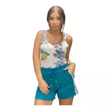 Conjunto Feminino Macio Comfy Malha Com Alça Azul Estampado