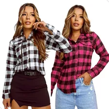 Kit Duas Camisas Xandrez Blusa Flanelada Feminina Country Nf