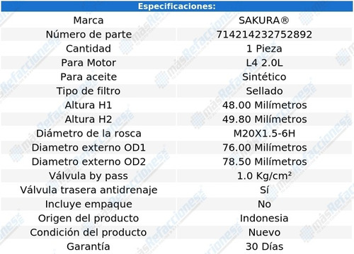 Filtro Aceite Sinttico Renault Captur L4 2.0l 18-20 Sakura Foto 3