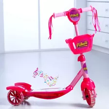 Patinete Infantil Menino Menina Musica 3 Rodas Led Cestinha Cor Rosa