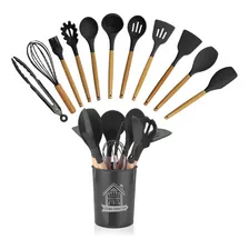 Kit De Silicone 12 Peças Utensílios De Cozinha Cabo Madeira