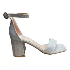 Sandalia Zapatos Mujer Elegante Taco Bajo Fiesta Plata 35/40