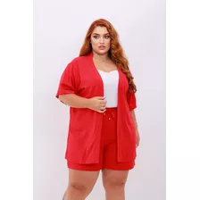 Conjunto Plus Size Kimono Cardigan + Short Feminino Verão