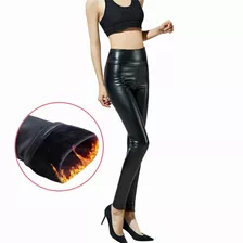 Leggings Casual Afelpados De Vinipiel Negro Premium Mujer