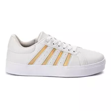 Tenis Casual Listras Feminino Branco Dourado Estilo Shoes