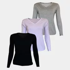 Kit 3 Blusa Manga Longa Comprida Feminina Gola V Basica Lisa