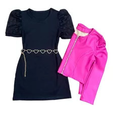 Conjunto Feminino Infantil Jaqueta Princesa Vestido E Cinto