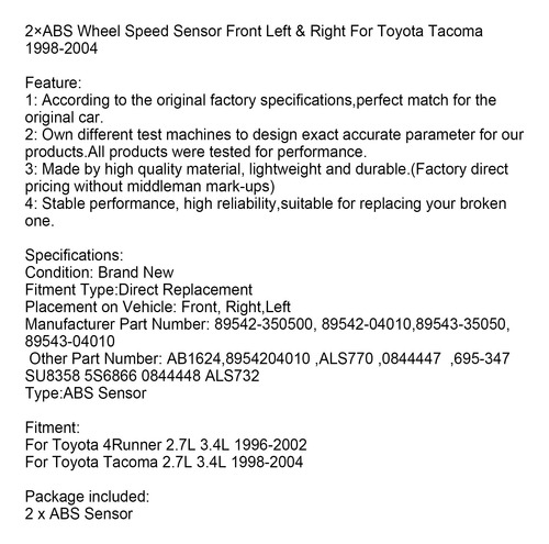 2 Sensores De Abs Delantero Para Toyota Tacoma 4runner 2.7l Foto 8