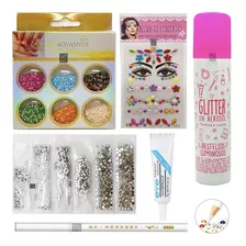 Combo Glitter Brillo Strass Gemas Autoadhesivas + Pegamento 