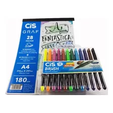 Kit Bloco Lettering + Caneta Brush Aquarelável 12 Cores