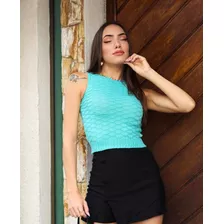 Cropped Colmeia Tricot Regata Verão Blusinha Basica Barato