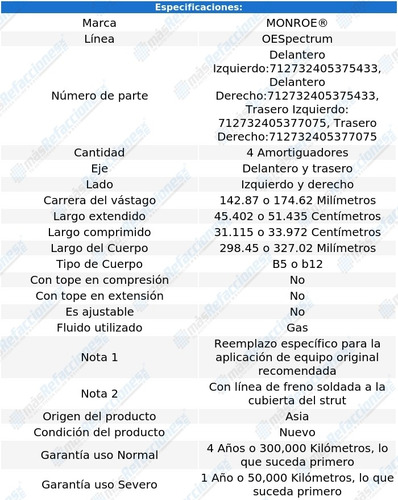 Jgo 4 Amortiguadores Gas Oespectrum Geo Metro 89-97 Monroe Foto 3