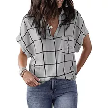 Camisa A Cuadros De Manga Corta Con Cuello En V Para Mujer