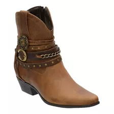 Bota Country Feminina Cano Curto Em Couro Legítimo Bico Fino