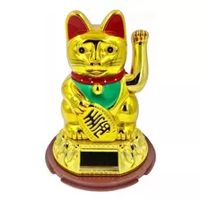 Gato Da Sorte Dourado Maneki Neko Balança Mão Carrega Solar