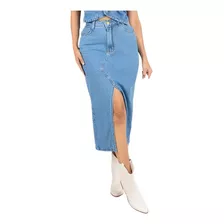 Saia Jeans Feminina Midi Cintura Alta Fenda Frontal