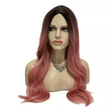 Peruca Rosa Pink Ombre Hair Raiz Escura Divisão Ao Meio 60cm