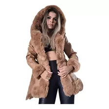 Casaco Feminino Teddy Moda Capuz Couro Fake Frio Inverno