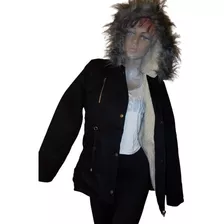 Parka De Dama De Gabardina Con Corderito Y Piel En Capucha