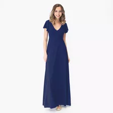 Vestido Largo Mangas Azul Marino Lycra Lazo Espalda Maria Pa