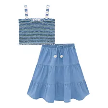 Conjunto Infantil Kukie Verão Com Saia Jeans E Top Margarida