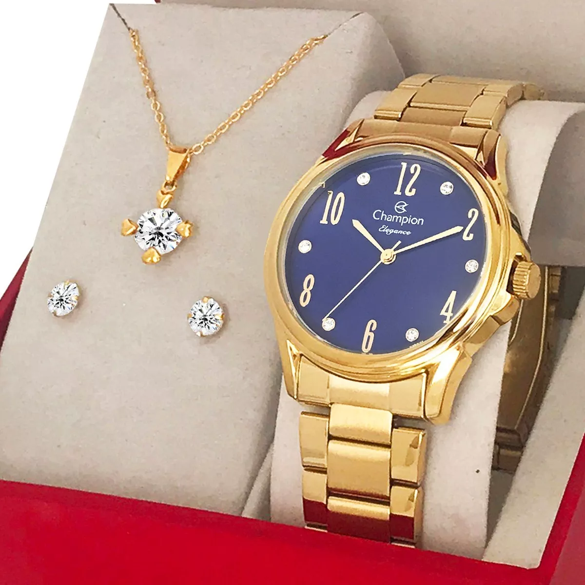 Relógio Champion Feminino Dourado Ouro 18k + Colar E Brincos
