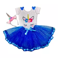 Conjunto Unicórnio Azul Escuro Tiara E Saia De Tule Meninas 