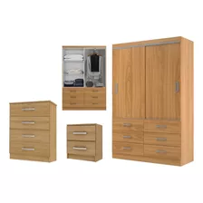 Combo Ropero Armario Dormitorio 2 Puertas Comoda Mesa De Luz Color Marrón Claro