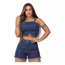 Conjunto Jeans Feminino Cropped E Short Barra Desfiada Lycra