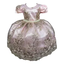 Vestido Infantil Rosa Renda Dourada Realeza Luxo Princesas