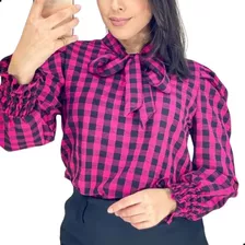 Blusa Xadrez Feminina Social Manga Longa E Gola Com Laço