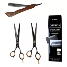 Kit 2 Tesouras 7.0 P/ Barba + Navalha + Lâminas Profissional