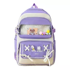 Mochila Kawaii 5 Piezas Estilo Coreano C/pines Y Peluche 