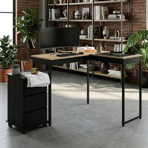 Mesa Em L Com Gaveteiro/ Escritório E Home Office Completo Preto