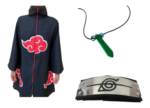 Kit Capa Akatsuki + Bandana + Colar Naruto Cosplay Manto