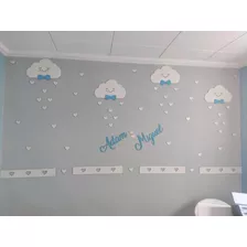 Kit Painel Chuva De Amor Mdf Branco Com Nome E Gravatas Azul