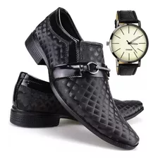 Sapato Social Masculino Envernizado 3d Fivela Relógio Kit Dh