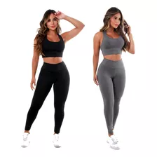 2 Conjuntos Calça Legging E Top Liso Roupas Para Academia