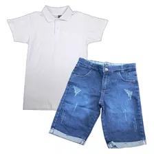Kit Camiseta Gola Polo + Bermuda Jeans Infantil Juvenil
