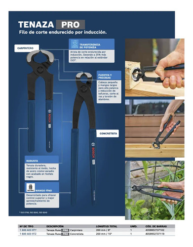 Pinza Tenaza Armador Bosch Pro 9 PuLG 225mm Corte Entero