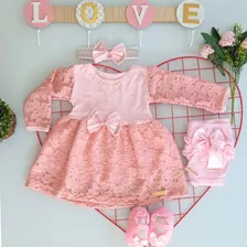 Vestido Bebê Rn Renda Luxo Inverno De 0-10 Meses Kit Menina 