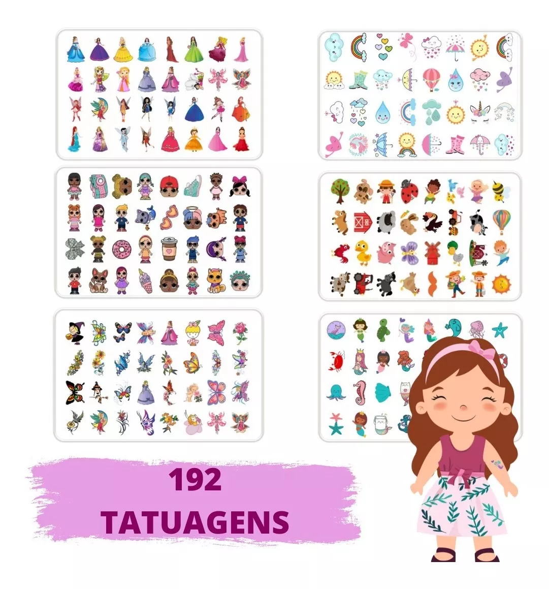 192 Tatuagem Temporária Infantil - Temas Meninas