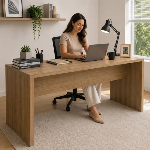Mesa Escritório 180cm Reta Home Office Espaçosa Gamer Estudo Amêndoa