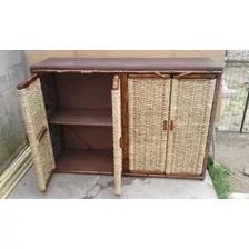 Mueble Rustico En Mimbre Y Cardo Con Tapa De Madera Masiza