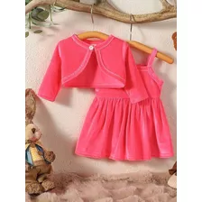 Vestido Bebe Outono Inverno Rosa Com Bolero