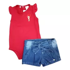 Conjunto Feminino Infantil Body E Short Jeans Cor Vermelho