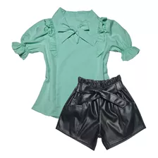 Conjunto Infantil Short Couro Blusa Roupa Feminina Casual