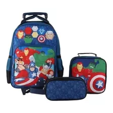 Mochila Escolar Con Ruedas Avengers + Lonchera + Estuche